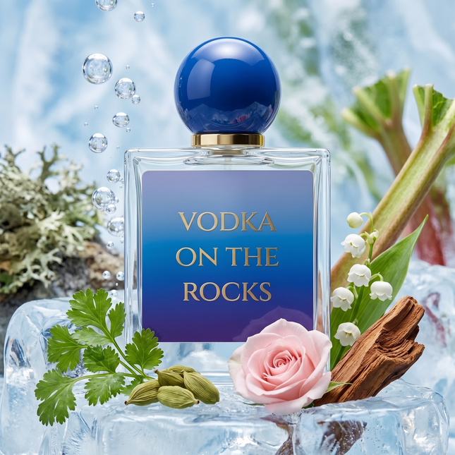 Eau de Parfum bottle labeled "VODKA ON THE ROCKS" on ice, adorned with coriander, cardamom, a pink rose, and lily-of-the-valley.